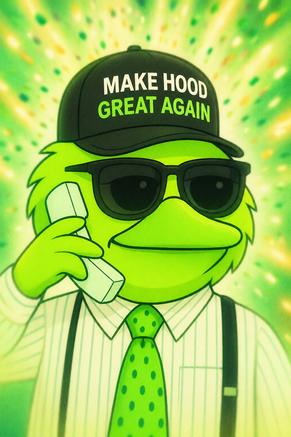 Close-up of Robird Hood wearing sunglasses and a 'Make Hood Great Again' cap, talking on a phone against a colorful radiant background