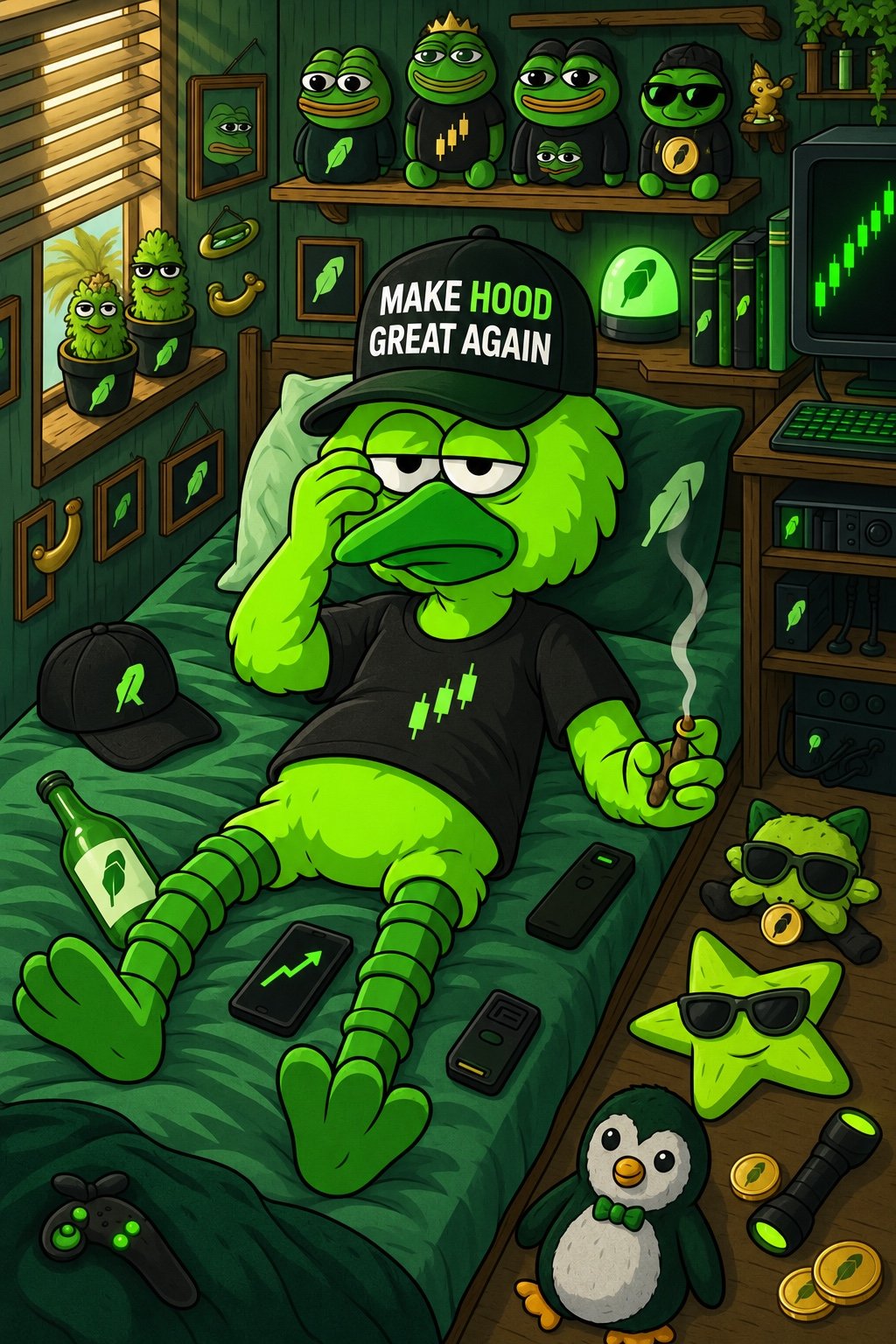 Robird Hood lounging in bed, half-asleep, holding a smoking joint, surrounded by green plush toys and trading monitors in his bedroom